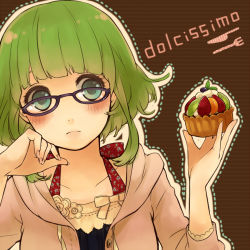 Rule 34 | 1girl, aqua eyes, bad id, bad pixiv id, bespectacled, blush, booota, buuta, cake, casual, food, fruit, glasses, green hair, gumi, highres, holding, short hair, solo, strawberry, vocaloid