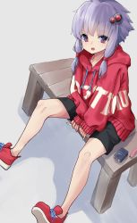 Rule 34 | 1girl, black shorts, blue nails, cigarette, commentary request, drawstring, hair ornament, highres, holding, holding cigarette, hood, hood down, hoodie, lighter, long hair, long sleeves, looking at viewer, nail polish, on bench, open mouth, puffy long sleeves, puffy sleeves, purple hair, red eyes, red footwear, red hoodie, shoe soles, shoes, short shorts, shorts, sleeves past wrists, solo, vocaloid, voiceroid, yusake san, yuzuki yukari