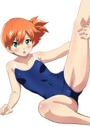 Rule 34 | 1girl, bare arms, blush, body blush, breasts, cameltoe, canghai yang, collarbone, commentary, covered navel, creatures (company), game freak, green eyes, hair between eyes, hair tie, highres, leg hold, looking at viewer, misty (pokemon), nintendo, one-piece swimsuit, open mouth, orange hair, pokemon, pokemon rgby, resized, school swimsuit, shiny skin, short hair, small breasts, solo, spread legs, swimsuit, thighs, tongue, upscaled, white background