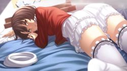 Rule 34 | 1girl, bed, brown hair, frilled skirt, frilled thighhighs, frilled thighhighs, frills, hat, unworn hat, unworn headwear, highres, indoors, katou megumi, layered skirt, looking at viewer, looking back, lying, mikazuchi zeus, on bed, on stomach, open mouth, saenai heroine no sodatekata, short hair, skirt, solo, thighhighs, white thighhighs, yellow eyes