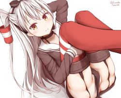 Rule 34 | 1girl, absurdres, amatsukaze (kancolle), arm up, ass, black choker, black panties, blush, brown dress, brown eyes, brown hairband, choker, commentary request, dress, garter straps, hair between eyes, hair tubes, hairband, highres, hugging own legs, kantai collection, legs up, long hair, long sleeves, looking at viewer, lying, on back, panties, red thighhighs, sailor collar, sailor dress, shadow, short dress, simple background, skindentation, smokestack, solo, tateishi kureha, thighhighs, thighs, twitter username, two side up, underwear, very long hair, white background, white hair, white sailor collar