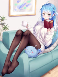 Rule 34 | 1girl, absurdres, ahoge, animal, aqua nails, blue eyes, blue hair, blue horns, book, breasts, colored tips, commission, couch, cup, dragon girl, dragon horns, dragon tail, exitus, highres, holding, holding book, holding cup, horn ornament, horns, large breasts, long hair, mary is mine, medium breasts, multicolored hair, on couch, pantyhose, paroniie (vtuber), picture frame, plant, pointy ears, skeb commission, solo, sweater, tail, virtual youtuber, white hair, white sweater, wooden floor