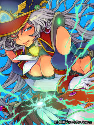 Rule 34 | 1girl, :p, bare shoulders, blue eyes, cleavage cutout, clothing cutout, elbow gloves, eroe, gloves, hat, junketsu duelion, long hair, mole, mole under eye, original, red eyes, silver hair, solo, sword, tongue, tongue out, weapon