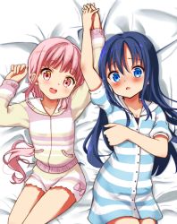 Rule 34 | 2girls, arm up, black hair, blue eyes, blunt bangs, blush, cardigan, dress, hand on own chest, highres, holding hands, long hair, lying, magia record: mahou shoujo madoka magica gaiden, mahou shoujo madoka magica, multiple girls, nanami yachiyo, nanami yachiyo (pajamas costume), on back, open mouth, pink cardigan, pink eyes, pink hair, pink shorts, ponytail, short dress, short shorts, short sleeves, shorts, smile, striped cardigan, striped clothes, striped dress, striped shorts, tamaki iroha, tamaki iroha (pajamas costume), yappariga