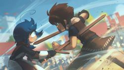 Rule 34 | 1boy, 1girl, absurdres, ahoge, banner, blue eyes, blue hair, braid, brown hair, commentary, crowd, cyclops, english commentary, fantasy, fingerless gloves, gloves, green eyes, highres, holding, holding sword, holding weapon, looking at another, one-eyed, original, porforever, prosthesis, prosthetic arm, relica (porforever), short sleeves, sparring, sword, weapon, wooden sword