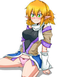 Rule 34 | 1girl, arm support, arm warmers, bad id, bad pixiv id, black shirt, blonde hair, blush, bow, bow panties, breasts, embarrassed, green eyes, highres, large breasts, leaning back, mizuhashi parsee, open clothes, panties, pink panties, pointy ears, scarf, seiza, shirt, short sleeves, simple background, sitting, solo, spread legs, sumiya nadateru, sweatdrop, taut clothes, taut shirt, touhou, underwear, white background