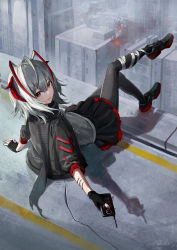 Rule 34 | 1girl, ant, arknights, arm support, black footwear, black gloves, black jacket, black pantyhose, black skirt, bug, city, day, detonator, explosion, fingerless gloves, from behind, full body, gloves, grey hair, grey shirt, highres, holding, horns, insect, jacket, leaning back, long sleeves, looking at viewer, looking back, miniskirt, multicolored hair, nail polish, nekoreito, open clothes, open jacket, outdoors, pantyhose, parted lips, red eyes, red hair, red nails, rooftop, shirt, shoes, short hair, sitting, skirt, smile, sneakers, solo, two-tone hair, w (arknights)