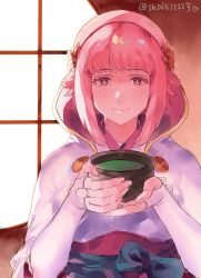 Rule 34 | 1girl, closed mouth, cup, fingerless gloves, fire emblem, fire emblem fates, gloves, hairband, highres, nintendo, one-hour drawing challenge, pink eyes, pink hair, sakura (fire emblem), sh06512223, short hair, smile, solo, twitter username, upper body, white gloves, window