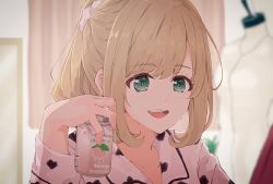 Rule 34 | 1girl, ahoge, blurry, blurry background, blush, can, collarbone, commentary request, duffy, face, green eyes, highres, holding, holding can, idolmaster, idolmaster cinderella girls, idolmaster cinderella girls starlight stage, long hair, long sleeves, sato shin, smile, solo, teeth, upper teeth only