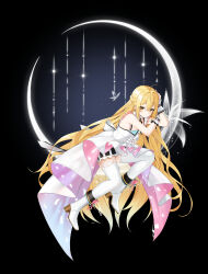 Rule 34 | 1girl, ahoge, back bow, black background, blonde hair, boots, bow, braid, bug, butterfly, closers, crescent, cross-laced footwear, cross tie, detached collar, dress, dress bow, flat chest, flower, footwear bow, french braid, frilled bracelet, full body, hair between eyes, hand on own arm, hand on own head, high heel boots, high heels, highres, insect, knee boots, lace, lace-trimmed legwear, lace-up boots, lace trim, long hair, looking at viewer, lucy (closers), lying, official art, on side, pink bow, short dress, sleeveless, sleeveless dress, smile, solo, striped clothes, striped dress, tachi-e, thighhighs, vertical-striped clothes, vertical-striped dress, very long hair, white bow, white butterfly, white dress, white flower, white footwear, white thighhighs, yellow eyes