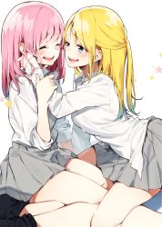 Rule 34 | 2girls, black legwear, blue eyes, blush, closed eyes, collared shirt, commentary request, crying, crying with eyes open, grey skirt, hand on another&#039;s cheek, hand on another&#039;s face, highres, leaning forward, long hair, long sleeves, looking at another, multiple girls, open mouth, original, pink hair, pleated skirt, sakuragi ren, school uniform, shiny skin, shirt, sitting, skirt, sleeves rolled up, smile, tearing up, tears, white shirt, yokozuwari