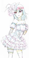 Rule 34 | 1girl, absurdres, alternate costume, arm behind back, bare shoulders, blue eyes, bow, breasts, cleavage, color trace, colored pencil (medium), commentary, cowboy shot, dress, elbow gloves, frilled dress, frills, girls und panzer, gloves, hand on own chest, hat, hat bow, highres, idol, itsumi erika, layered dress, leaning forward, legwear garter, light frown, looking at viewer, makicha (sasurainopink), medium breasts, mini hat, off-shoulder dress, off shoulder, open mouth, short dress, silver hair, solo, standing, thighhighs, traditional media, white dress, white gloves, white hat