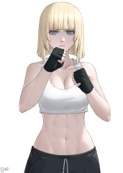 Rule 34 | 1girl, bare arms, bare shoulders, black gloves, blonde hair, blue eyes, blunt bangs, breasts, cleavage, clenched hands, commentary, crop top, fingerless gloves, gloves, hands up, highres, looking at viewer, medium hair, midriff, navel, original, simple background, solo, sports bra, sthreep, stomach, upper body, white background