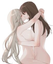 Rule 34 | 2girls, absurdres, arm around neck, baconontheclock, beidou (genshin impact), blush, breast press, breasts, brown hair, closed eyes, completely nude, from side, genshin impact, grey hair, hair down, hand on another&#039;s back, highres, hug, kiss, large breasts, long hair, multiple girls, ningguang (genshin impact), nude, simple background, twitter username, white background, yuri