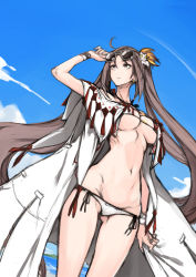 Rule 34 | 1girl, bare shoulders, beach, bikini, blue sky, breasts, brown eyes, brown hair, cleavage, closed mouth, collarbone, day, earrings, eyewear on head, fate/grand order, fate (series), hair ornament, highres, isao, jewelry, long hair, looking to the side, looking up, medium breasts, multiple earrings, navel, open clothes, robe, sky, sunglasses, swimsuit, thighs, twintails, very long hair, white bikini, yu mei-ren (fate), yu mei-ren (swimsuit lancer) (fate)