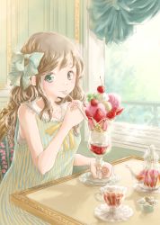 Rule 34 | 1girl, absurdres, arm up, bare arms, breasts, brown hair, cafe, camisole, chair, cherry, collarbone, cup, curtains, dress, food, fruit, green eyes, hair ribbon, hand rest, highres, hoshiibara mato, ice cream, indoors, long hair, looking at viewer, original, parfait, raspberry, ribbon, sitting, sleeveless, sleeveless dress, small breasts, smile, solo, spoon, strawberry, striped clothes, striped dress, striped ribbon, sugar cube, table, teacup, teapot, upper body, utensil in mouth, wavy hair, white camisole, window
