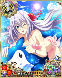 Rule 34 | 1girl, anklet, antenna hair, aqua eyes, barefoot, bikini, blue sky, bracelet, breasts, card (medium), character name, chess piece, day, hair ornament, hair ribbon, happy, high school dxd, high school dxd pi, inflatable dolphin, inflatable toy, jewelry, large breasts, long hair, looking at viewer, ocean, official art, one eye closed, open mouth, pink bikini, ribbon, rook (chess), rossweisse, silver hair, sky, smile, solo, swimsuit, trading card, tropical, very long hair, water