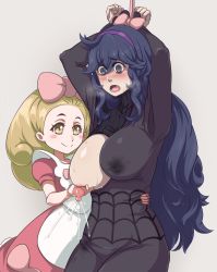 Rule 34 | 2girls, @ @, arms up, blush stickers, bound, bound wrists, breasts, breasts squeezed together, chandelure, covered erect nipples, creatures (company), dress, fairy tale girl (pokemon), femdom, game freak, gen 5 pokemon, grabbing, grabbing another&#039;s breast, hex maniac (pokemon), highres, lactation, lactation through clothes, large breasts, milk, multiple girls, navel, nintendo, nipple stimulation, nipple tweak, nipples, npc trainer, one breast out, pale skin, pokemon, pokemon (creature), pokemon xy, purple eyes, purple hair, restrained, siblings, sisters, stomach, torso grab, yas (35373), yuri