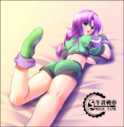 Rule 34 | 1girl, :d, ass, back, backboob, bed, blush, boots, braid, breast press, breasts, crop top, fingerless gloves, from behind, glasses, gloves, green eyes, green footwear, gunner-l, huge breasts, kneepits, leg up, legs, long hair, looking back, lunar wing, lying, on stomach, open mouth, purple hair, shiny clothes, short shorts, shorts, single braid, smile, solo, tyrol, underboob