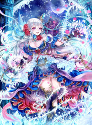 Rule 34 | 1girl, bare shoulders, black gloves, blue dress, blue thighhighs, breasts, chain, cleavage, dress, flower, full body, gem, gloves, hair flower, hair ornament, haruci, highres, ice, last chronicle, long hair, moon, night, night sky, open mouth, outstretched hand, purple eyes, sky, snow, solo, standing, thighhighs, white hair