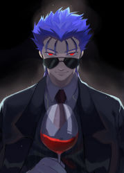 Rule 34 | 1boy, absurdres, alcohol, alternate costume, blue hair, closed mouth, collared shirt, cu chulainn (fate), cup, dress shirt, drinking glass, earrings, fate/stay night, fate (series), formal, gloves, glowing, hair down, highres, imchris, jacket, jewelry, cu chulainn (fate/stay night), looking at viewer, male focus, necktie, red eyes, shirt, slit pupils, smile, solo, spiked hair, suit, sunglasses, type-moon, vest, wine, wine glass