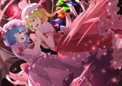 Rule 34 | 2girls, :d, absurdres, aqua eyes, ascot, back bow, bad id, bad pixiv id, bat wings, blue hair, bow, brooch, brown footwear, commentary request, crystal, dress, dutch angle, eye contact, eyebrows hidden by hair, feet out of frame, flandre scarlet, flat chest, full moon, glint, hair between eyes, hat, highres, hp2, interlocked fingers, jewelry, light particles, looking at another, mary janes, mob cap, moon, multiple girls, night, night sky, one side up, open mouth, petticoat, pink dress, pink headwear, puffy short sleeves, puffy sleeves, red ascot, red bow, red eyes, red moon, red skirt, red vest, remilia scarlet, shoes, short hair, short sleeves, siblings, sisters, skirt, sky, smile, sparkle, teeth, touhou, upper teeth only, vest, wings, yellow ascot