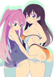 2girls ass bikini black_hair blue_eyes blush breasts character_request check_character commentary_request edogawabashi_michi expressionless flat_chest grabbing_another&#039;s_ass green_eyes groping large_breasts long_hair multiple_girls nijouin_kaoruko one-piece_swimsuit open_mouth pastel_memories pink_hair school_swimsuit senzoc swimsuit two_side_up yuri