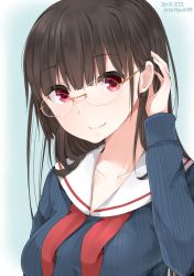 Rule 34 | 10s, 1girl, 2015, adapted costume, black hair, choukai (kancolle), dated, glasses, highres, kantai collection, long hair, looking at viewer, red eyes, ribbed sweater, smile, solo, sweater, twitter username, yukichi (sukiyaki39)