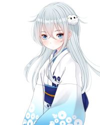 Rule 34 | 10s, 1girl, alternate costume, blue eyes, commentary request, eyebrows, hibiki (kancolle), highres, japanese clothes, kantai collection, kimono, kiyomin, long hair, looking at viewer, miss cloud, obi, sash, silver hair, simple background, solo, verniy (kancolle), white background, yukata