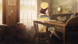Rule 34 | 1girl, atelier (series), atelier sophie, bag, bob cut, book, brown eyes, brown hair, day, desk, from side, game cg, hat, holding, holding quill, indoors, noco (adamas), official art, paper, plant, quill, short hair, sitting, smile, solo, sophie neuenmuller, thigh strap, thighhighs, unworn bag, white thighhighs, wooden floor, yellow hat