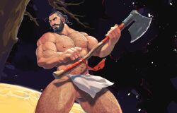 Rule 34 | 1boy, artist name, axe, bara, beard, benoit, black hair, facial hair, feet out of frame, fundoshi, highres, holding, holding axe, holding weapon, japanese clothes, large pectorals, looking to the side, male focus, manly, mature male, muscular, muscular male, night, night sky, nipples, original, pectorals, ponytail, signature, sky, solo, stomach tattoo, sweat, sweatdrop, tattoo, testicles, thick arms, thick eyebrows, thick thighs, thighs, tree, undercut, very hairy, weapon
