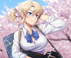 Rule 34 | 1girl, bag, bandaid, bandaid on neck, blonde girl (itou), blonde hair, blue bow, blue bowtie, blue eyes, blue sky, blush, bow, bowtie, breasts, bullpup, cartridge, cherry blossoms, cleavage, cloud, collared shirt, commentary request, day, floating hair, gun, hair ribbon, hand in own hair, highres, holding, holding gun, holding weapon, horizontal magazine, itou (onsoku tassha), large breasts, long hair, magazine (weapon), original, outdoors, p90, personal defense weapon, pink ribbon, ponytail, ribbon, school uniform, see-through, shirt, sky, smile, solo, submachine gun, translucent, uniform, weapon