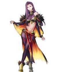 Rule 34 | 1girl, bare shoulders, belt, breasts, bridal gauntlets, brown eyes, capelet, earrings, eyeshadow, feather trim, feathers, female focus, fire emblem, fire emblem echoes: shadows of valentia, fire emblem heroes, full body, gem, gold trim, gradient clothes, highres, jewelry, lips, long hair, makeup, medium breasts, midriff, nail polish, navel, nintendo, official art, p-nekor, pale skin, pantyhose, purple eyes, shiny clothes, sleeveless, solo, sonya (fire emblem gaiden), standing, transparent background