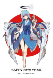 Rule 34 | 1girl, bare legs, barefoot, black halo, blue hair, blue kimono, breasts, closed mouth, commentary, feathered wings, halo, happy new year, highres, japanese clothes, kimono, large breasts, long hair, long sleeves, looking at viewer, multiple wings, new year, razuzyamu, red eyes, sariel (touhou), simple background, smile, thigh gap, thighs, touhou, touhou (pc-98), translated, white background, wings