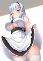 Rule 34 | 1girl, apron, azur lane, bare shoulders, black hairband, black skirt, blunt bangs, blush, breasts, center frills, clothes lift, clothing cutout, commentary request, cowboy shot, dido (azur lane), earrings, frills, gluteal fold, hairband, highres, jewelry, large breasts, lifting own clothes, long hair, looking at viewer, panties, petticoat, pink eyes, shirt, sidelocks, silver hair, skirt, skirt lift, sleeveless, sleeveless shirt, solo, standing, tatsumiya kagari, thighhighs, thighs, underboob cutout, underwear, waist apron, white apron, white panties, white shirt, white thighhighs