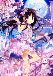 Rule 34 | 1girl, absurdres, black hair, rabbit, cherry blossoms, choker, collarbone, dress, earrings, feet, flat chest, flower earrings, fujima takuya, hair ornament, highres, jewelry, leg up, long hair, looking at viewer, moon, neck ribbon, one side up, original, pink dress, pink ribbon, red eyes, ribbon, scan, solo, stairs, toes, wrist cuffs