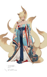 Rule 34 | 1girl, alternate costume, animal ears, bare shoulders, blonde hair, breasts, bright pupils, cleavage, folded fan, floral print, folding fan, fox ears, fox tail, full body, hand fan, holding, holding fan, japanese clothes, kimono, layered clothes, layered kimono, long sleeves, multiple tails, nail polish, no headwear, no headwear, obi, off shoulder, orange eyes, rei (sanbonzakura), ribbon, sash, short hair, simple background, sleeves past wrists, smile, solo, standing, tail, text focus, touhou, white background, white nails, white pupils, wide sleeves, yakumo ran