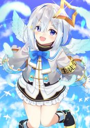 Rule 34 | 1girl, :d, amane kanata, angel, angel wings, armband, blue sky, blunt bangs, blurry, bow, bowtie, cloud, cloudy sky, commentary request, depth of field, eyes visible through hair, feathered wings, flying, hair between eyes, halo, highres, hololive, knees together feet apart, long sleeves, looking at viewer, open mouth, purple eyes, sailor collar, shinko gunsei, short hair, sidelocks, silver hair, sky, smile, solo, translation request, v-shaped eyebrows, virtual youtuber, white wings, wide sleeves, wings
