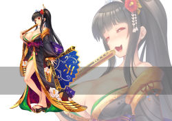 Rule 34 | 1girl, bare legs, black hair, breasts, detached sleeves, flower, geisha, geta, hair flower, hair ornament, hairpin, hand fan, huge breasts, japanese clothes, jewelry, kimono, long hair, luupechi, obi, off shoulder, open mouth, original, ponytail, red eyes, sandals, sash, smile, standing, tiara