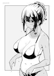 Rule 34 | 1girl, bikini, bikini top only, blush, breasts, collarbone, grey background, greyscale, highres, kichihachi, large breasts, looking at viewer, monochrome, original, simple background, solo, sweat, swimsuit, tan, tanline, twitter username, two-tone background, white background