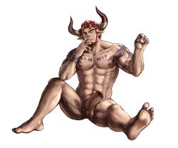 Rule 34 | 10s, 1boy, abs, agieruba, arm tattoo, bara, censored, chest tattoo, colored pubic hair, completely nude, erection, facial hair, granblue fantasy, hana (artist), horns, male focus, muscular, nipples, nude, pectorals, penis, pubic hair, red hair, red pubic hair, short hair, sideburns, solo, spread legs, tattoo, tongue, tongue out, transparent background