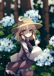 Rule 34 | 1girl, bad id, bad pixiv id, blonde hair, blue flower, blurry, blurry background, brown headwear, commentary request, cowboy shot, dise (psychoro), flower, forest, hair ribbon, hand up, highres, hydrangea, leaf, long sleeves, looking at viewer, moriya suwako, nature, outdoors, petticoat, purple skirt, purple vest, red ribbon, ribbon, scenery, shirt, short hair, sidelocks, skirt, skirt set, smile, solo, standing, thighhighs, touhou, tree, vest, white shirt, white thighhighs, wide sleeves, yellow eyes, zettai ryouiki