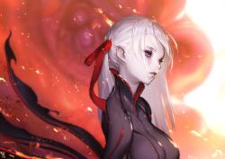 Rule 34 | 1girl, crying, embers, covered erect nipples, extra eyes, fire, hair ribbon, kmpym, long hair, monster, pale skin, pantyhose, parted lips, red eyes, red ribbon, ribbon, tears, torn clothes, white background, white hair