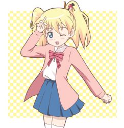 Rule 34 | 10s, 1girl, alice cartelet, atair, blonde hair, blue eyes, blush, hair ornament, jacket, kin-iro mosaic, one eye closed, open mouth, school uniform, short hair, skirt, smile, solo, thighhighs, twintails