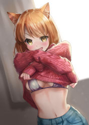 Rule 34 | 1girl, absurdres, animal ear fluff, animal ears, bikini, bikini under clothes, blush, breasts, brown hair, cat ears, cat girl, clothes lift, denim, dutch angle, fang, highres, indoors, long hair, looking at viewer, medium breasts, navel, open mouth, original, red sweater, sahara1127, skin fang, sleeves past wrists, smile, solo, string bikini, sweater, sweater lift, swimsuit, upper body, yellow eyes