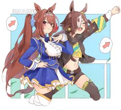 Rule 34 | 2girls, ^ ^, animal ears, arrow (symbol), belt, black shorts, bow, bowtie, brown hair, center frills, closed eyes, copyright name, crop top, cropped legs, daiwa scarlet (umamusume), frills, hair over one eye, hand on own hip, hand on own chest, highres, horse ears, horse girl, horse tail, long hair, long sleeves, looking at viewer, low ponytail, midriff, multiple girls, navel, open mouth, outstretched arm, red eyes, shirt, shorts, skirt, smile, speech bubble, spoken object, tail, techi (siro-white 0803), thighhighs, tiara, twintails, umamusume, vodka (umamusume), white shirt, yellow shirt