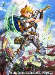 Rule 34 | 1boy, 3others, alternate costume, armor, armored boots, arrow (projectile), blonde hair, blue eyes, book, boots, cape, chachie, fingerless gloves, fire emblem, fire emblem: new mystery of the emblem, fire emblem cipher, flag, gloves, grass, helmet, horse, jubelo (fire emblem), leaf, male focus, multiple others, nintendo, official art, open mouth, polearm, sky, solo focus, spear, sword, weapon