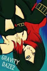 Rule 34 | 1girl, armpits, bare shoulders, black hair, blue eyes, breasts, crow (gravity daze), detached sleeves, gravity daze, gravity daze 2, hair over one eye, long hair, long sleeves, looking at viewer, lowres, multicolored hair, red hair, solo, strapless, two-tone hair, upside-down