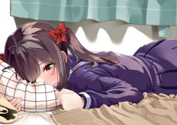 Rule 34 | 1girl, bed, blush, brown eyes, brown hair, byte (allbyte), face in pillow, from side, highres, lying, on stomach, original, pillow, school uniform, serafuku, skirt, solo, twintails