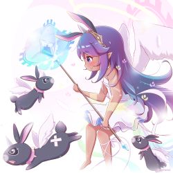Rule 34 | 1girl, animal, bare shoulders, barefoot, bemani, bloomers, blush, character request, commentary request, crystal, dark-skinned female, dark skin, dress, feathered wings, goth risuto, highres, holding, holding staff, long hair, profile, purple eyes, purple hair, rabbit, short eyebrows, sleeveless, sleeveless dress, solo, sound voltex, staff, thick eyebrows, underwear, very long hair, white bloomers, white dress, white wings, winged animal, wings